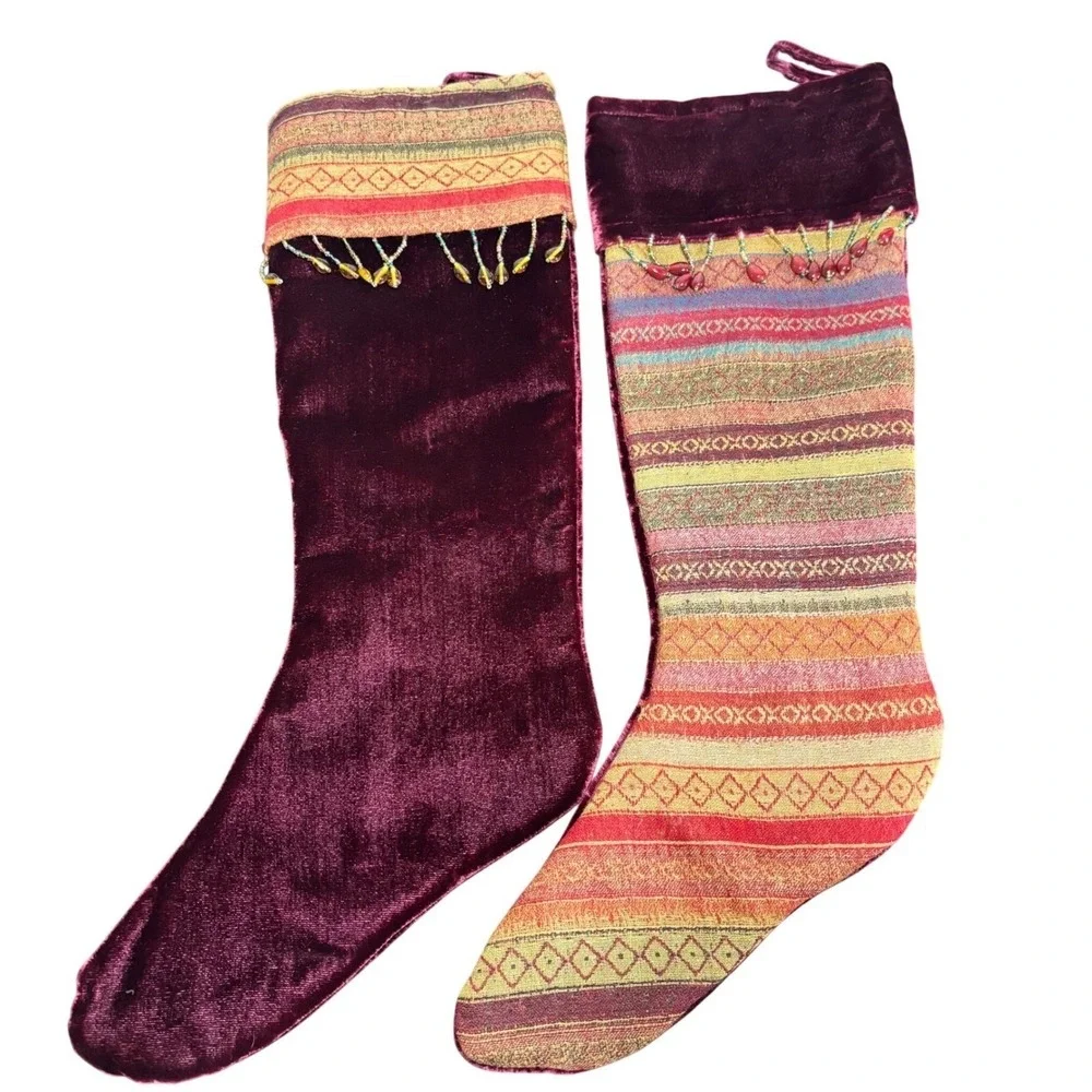 World Market Set‎ of 2 Boho Burgundy Velvet Tapestry Beaded Christmas Stockings
